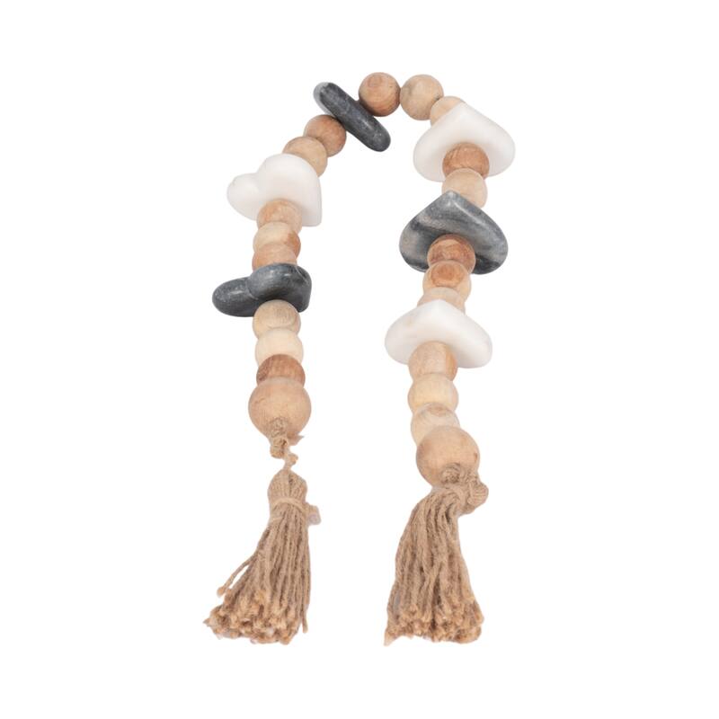 Decorative Acacia Wood Beaded Garland with Marble Heart Accents
