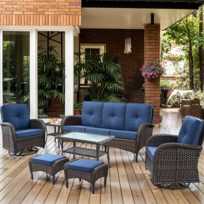 7 Pieces Swivel Chairs Sofa Table Ottomans Brown-Blue - Brown - Brown - Blue