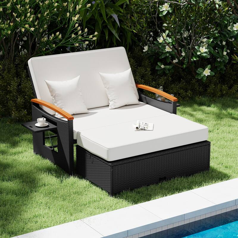 Gymax Patio Rattan Daybed Set w/Cushioned Loveseat & Storage Ottoman