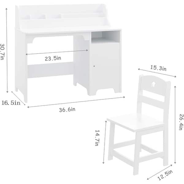dimension image slide 1 of 2, Kids Desk and Chair Set, Wooden Children Study Table with Hutch