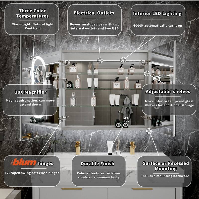 MEDUNJESS Double Opening Frameless Bathroom Mirror Cabinet with Defogging