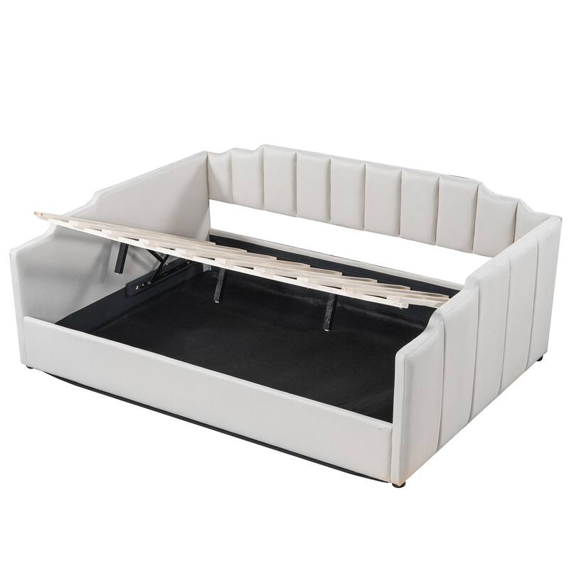 Full Size Upholstered Daybed with Underneath Storage in Beige