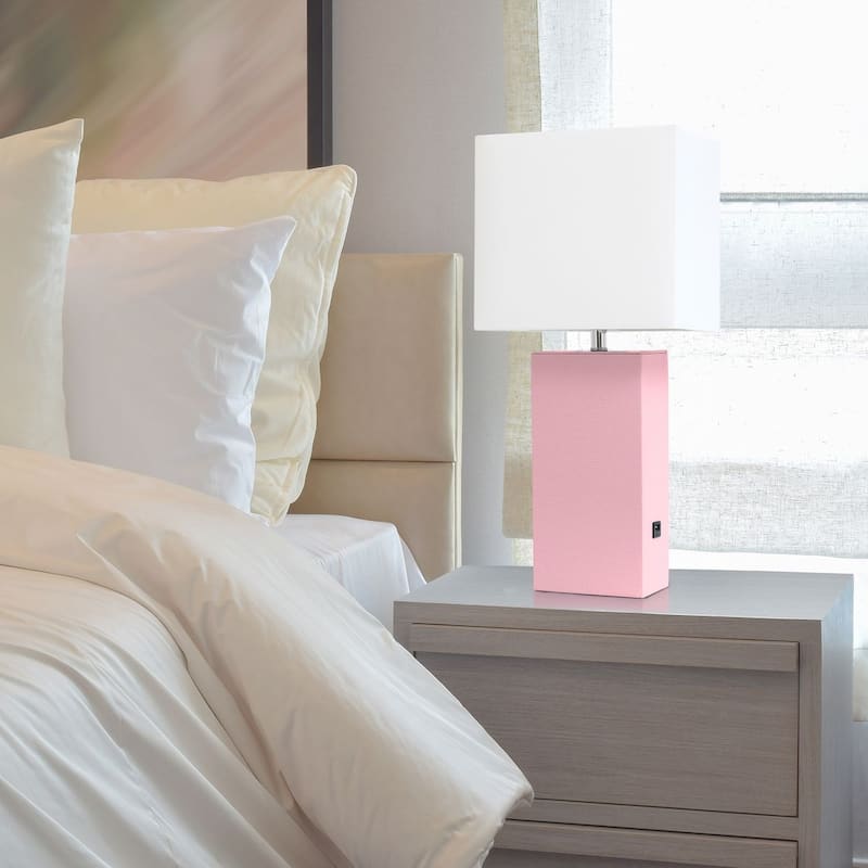 Modern Leather Table Lamp with USB and White Fabric Shade