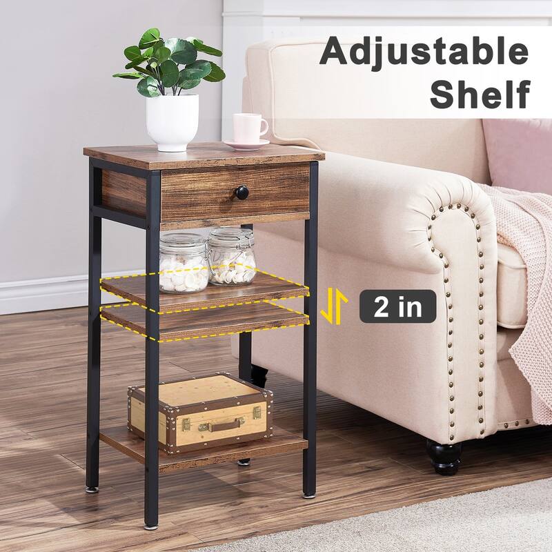 VECELO Modern Nightstand with Drawer & Open Shelves Slim Design for Small Spaces End Table with MDF & Rotating Floor Protectors