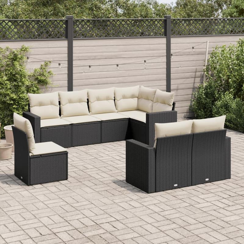 vidaXL Patio Sofa Set with Cushions Outdoor Furniture 8 Piece Poly Rattan - Black and Cream - 24.4 x 25.8 x 27.2 in (W x L x H)