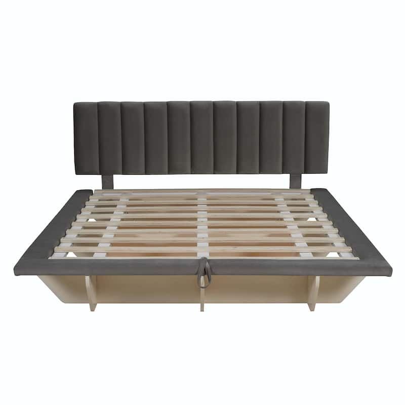 Queen Size Upholstered Floating Bed with LED Light and USB Port
