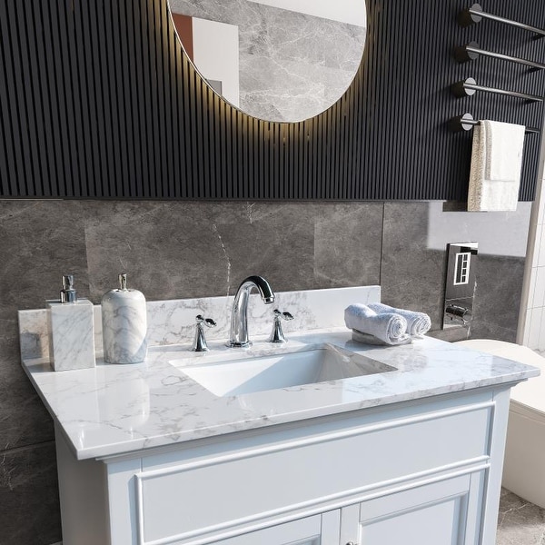 Carrara White Engineered Stone Vanity Top with Rectangle Undermount Sink. Opens flyout.