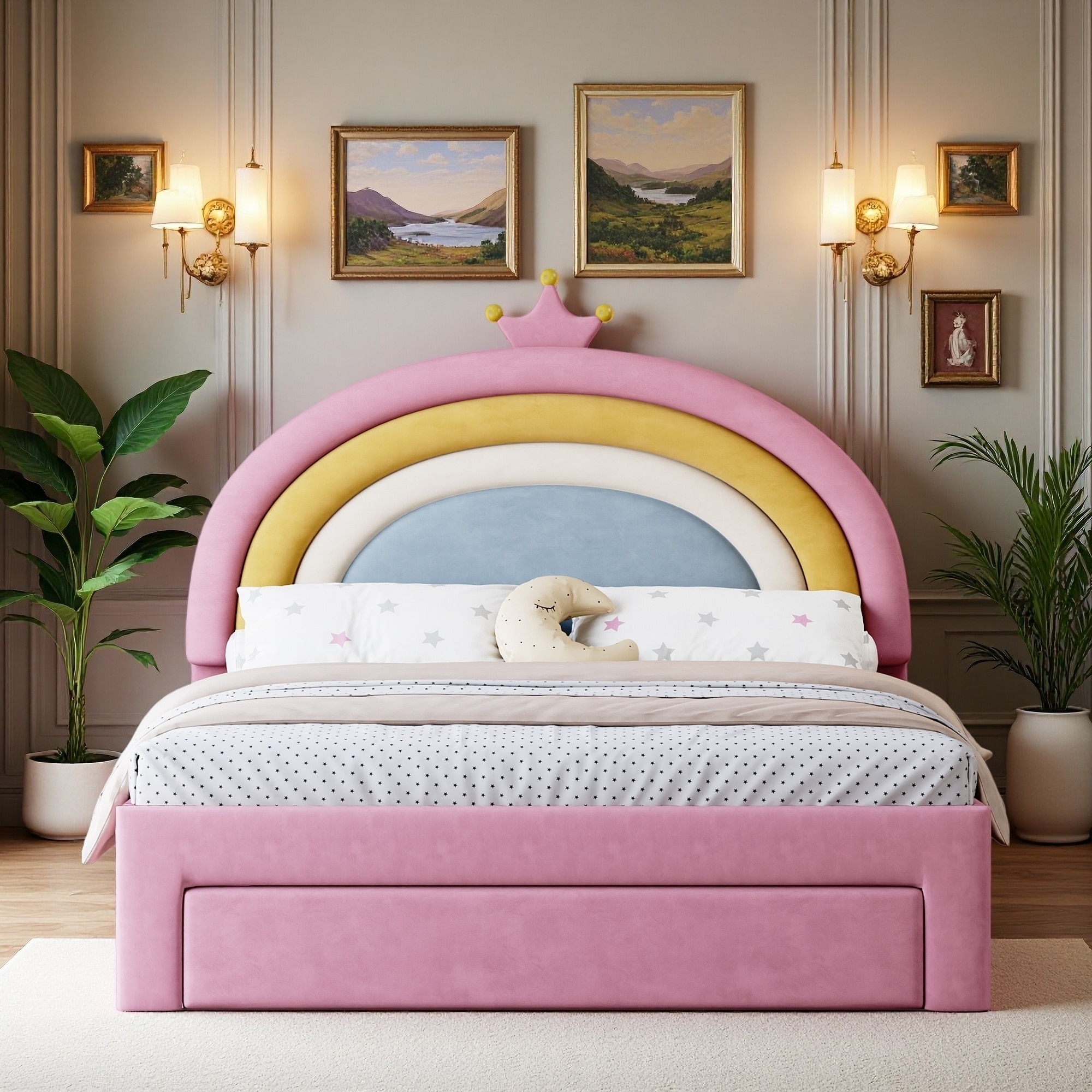 Upholstered Princess Platform Bed with Rainbow Design and Storage Drawer