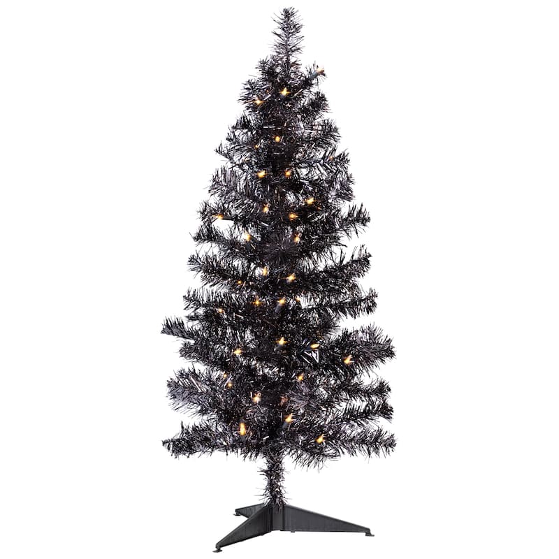 Pre-Lit Artificial Tinsel Halloween Tree - 3' - Black - Clear Lights - 3 Foot