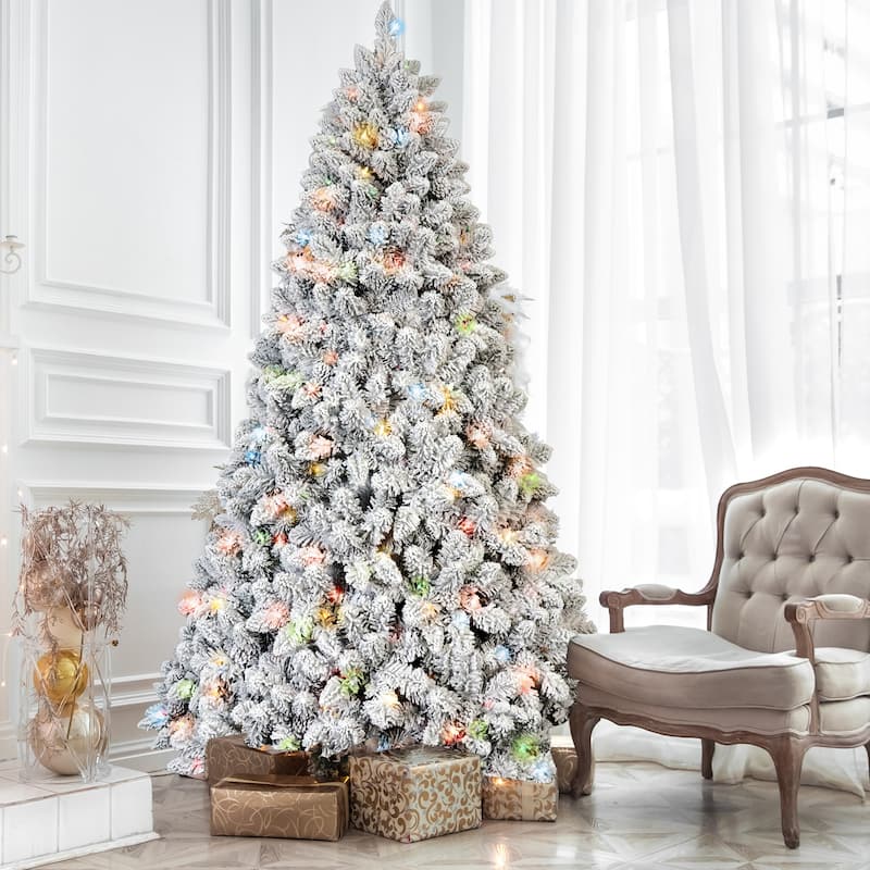 5FT Flocked Christmas Tree with 300 Colorful UL Lights and 27 Natural Pine Cones-600 Snowy PVC Tips, Hinged Branches - Green,White