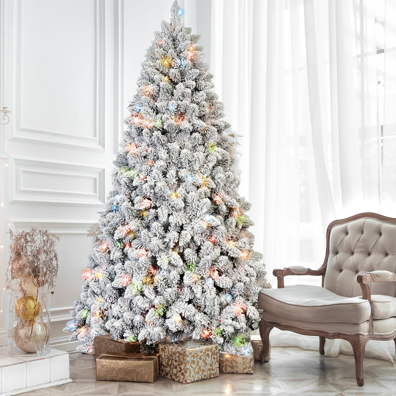 Pre-Lit Flocked Artificial Tree - Colorful UL Lights, Pine Cones, Hinged Branches, Metal Stand - Green,White