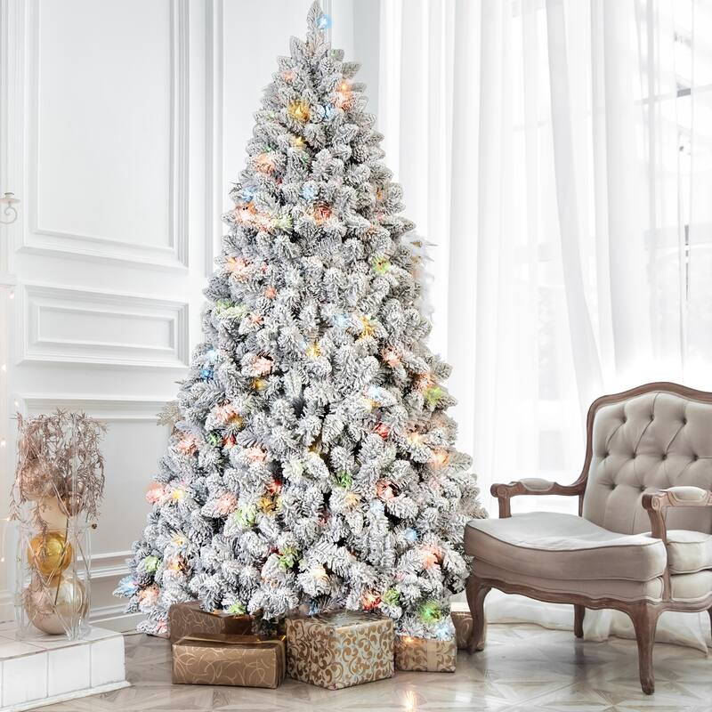 Pre-Lit Flocked Christmas Tree - Colorful UL Lights, Pine Cones, Snowy PVC Tips, Hinged Branches, Metal Stand - Green,White
