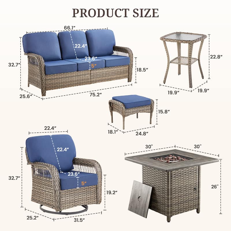 Pocassy Outdoor Sofa Ottoman Swivel Chair Table with Fire Table Funiture Set.