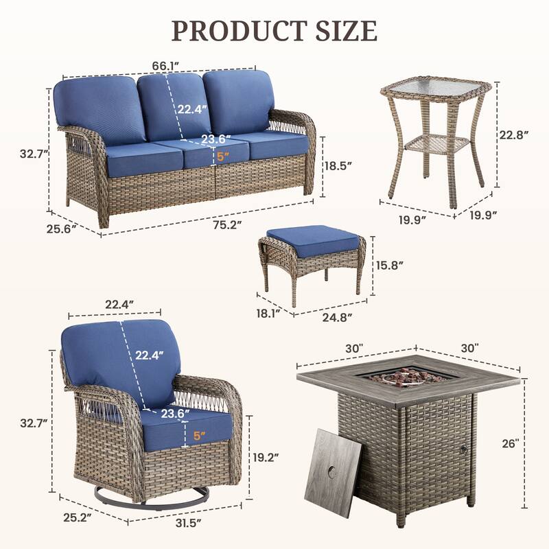 Pocassy Patio Outdoor Fire Table with Sofa Swivel Chair Funiture Set.