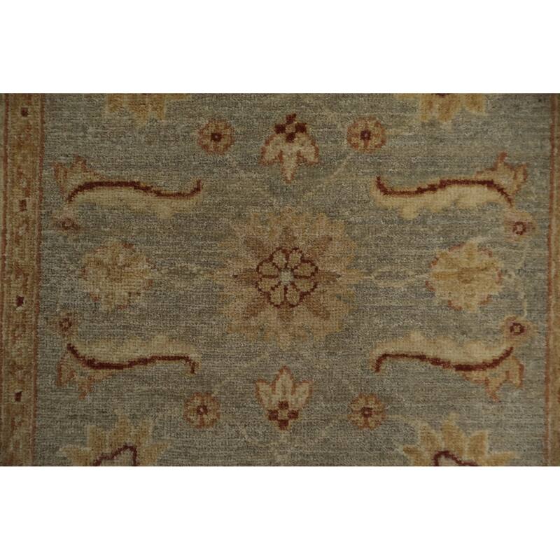 Hand Knotted Oriental 100% Wool Carpet Traditional Floral Greys & Charcoal Peshawar Runner Rug - 9' 8'' X 2' 9''