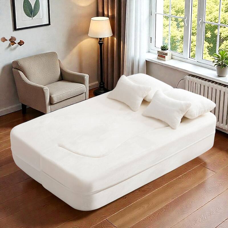 Queen Size Floor Sofa Futon with 4 Pillows, Modern Folding Mattress Couch, Plush Fabric No Assembly