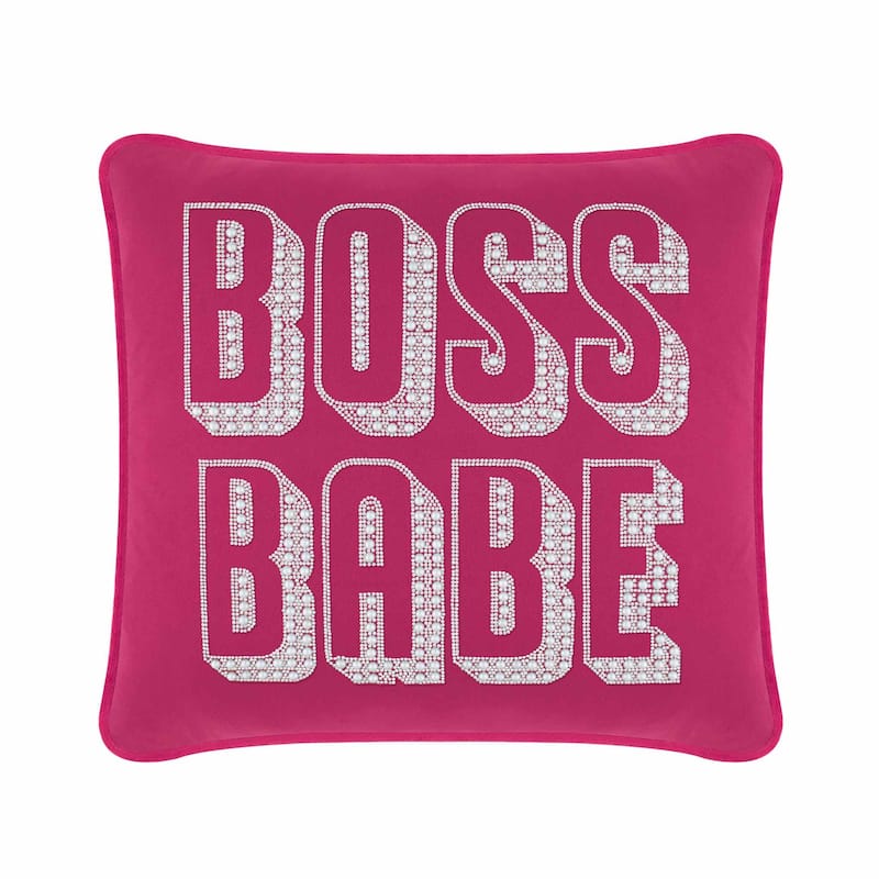 Boss Babe Pillow, Pearls and Rhinestones on Velvet, Feather Insert - Fuchsia