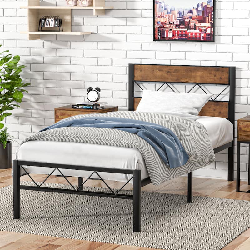 VECELO Retro Platform Bed Frame Wood Headboard, Twin/Full/Queen Size Beds - Rustic Brown - Twin