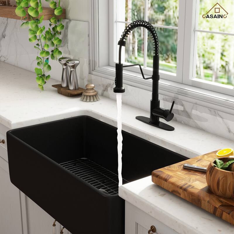 Farmhouse/Apron-Front Single Bowl Fireclay Kitchen Sink with 3-Function Pull-Down Faucet, Bottom Grid, and Basket Strainer