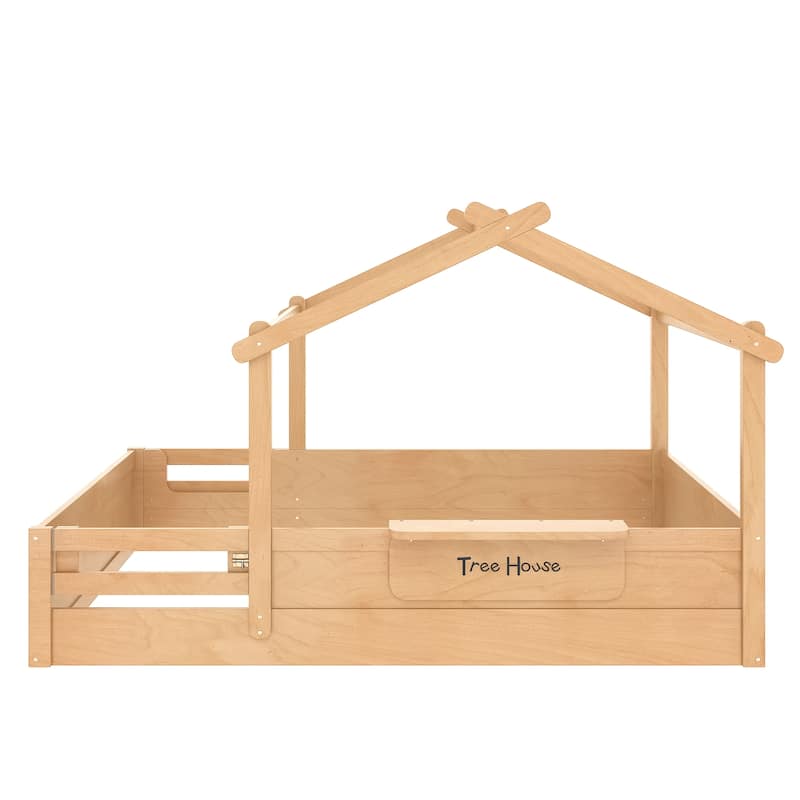 Kids House Floor Bed with Guardrails, Roof & Built-in Tray - Queen/Full/Twin Size, Childlike Design
