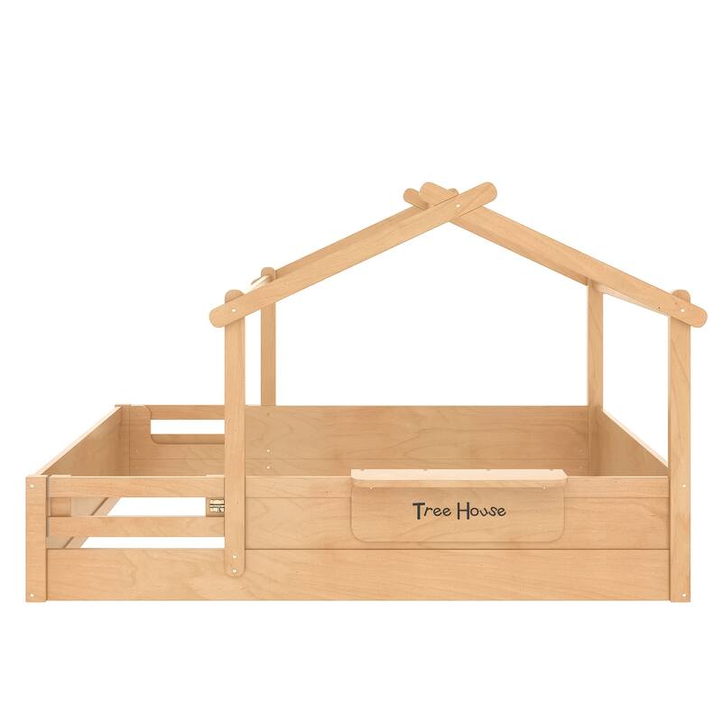 Queen Size Floor Bed with Guardrails and Roof, Kids House Floor Bed with a Small Built-in Tray and Free-installed Signboard