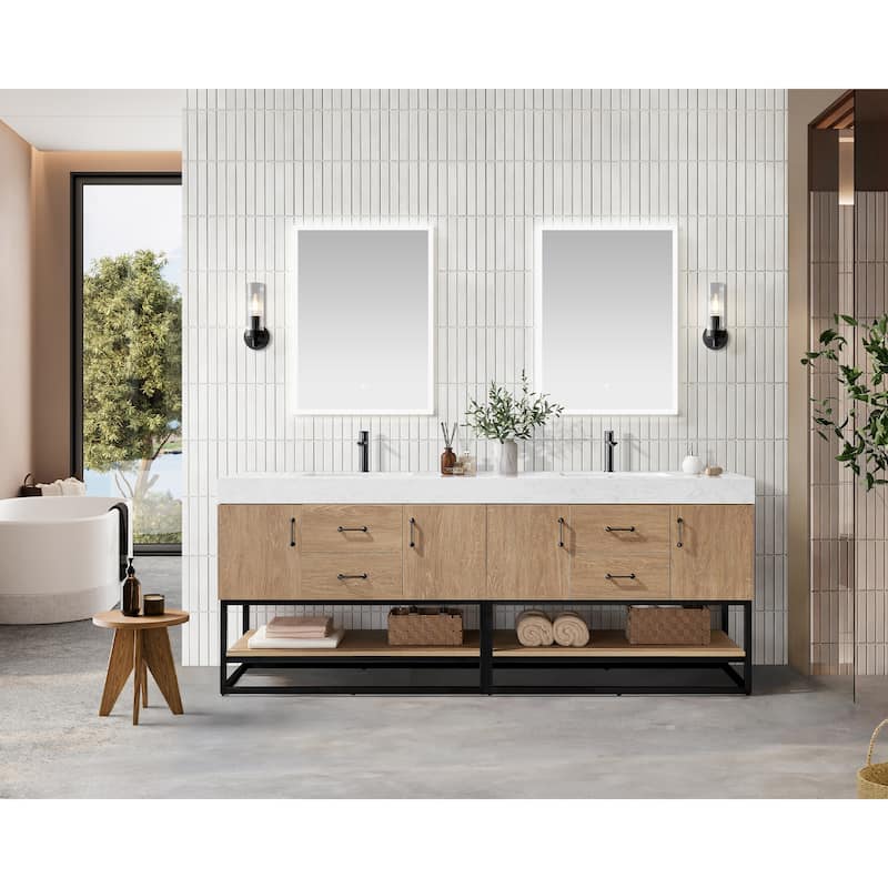 Alistair 84" Double Vanity with White Grain Stone Top without Mirror - 84" x 22"