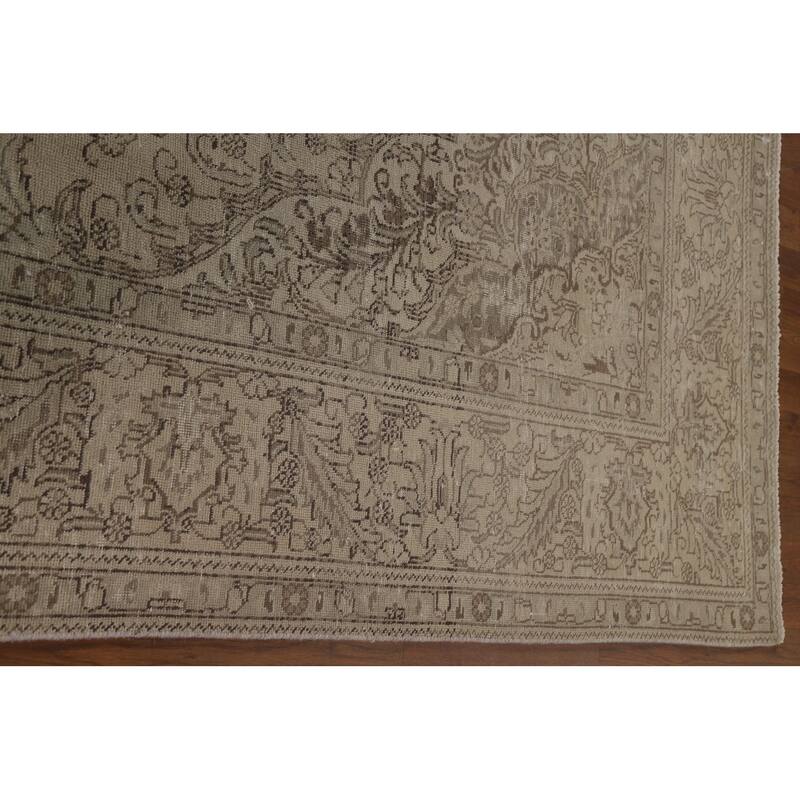 Distressed Tabriz Persian Vintage Beige Rug Hand-knotted Wool Carpet - 8'4" x 10'10"