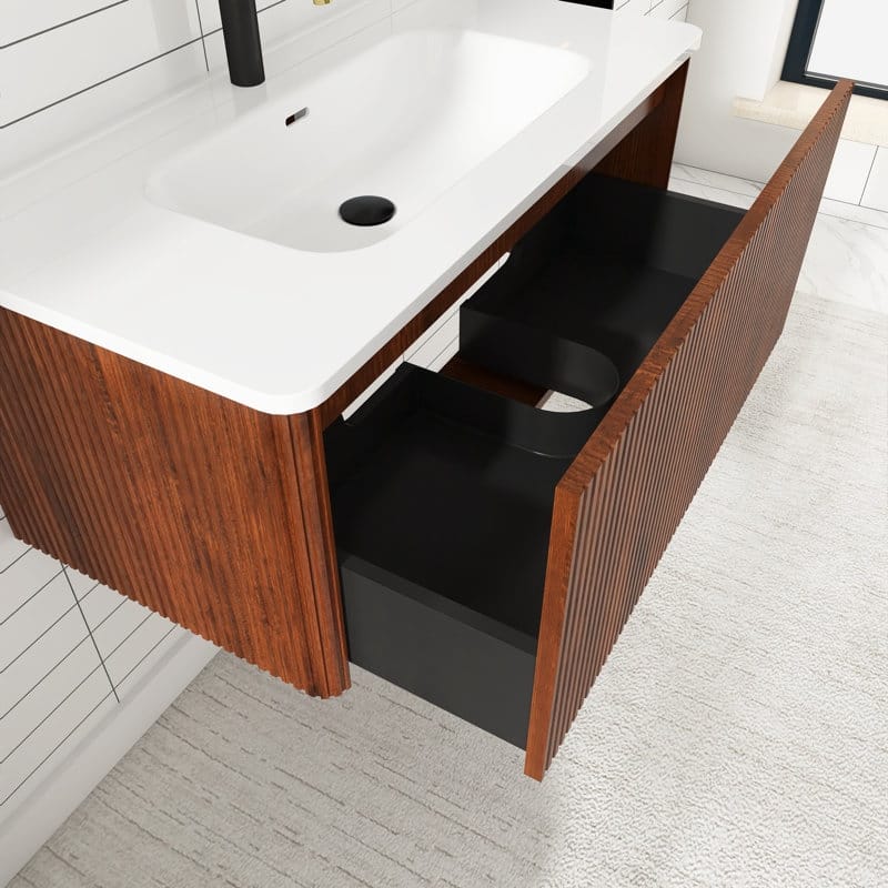 36 inch Wall-Mounted Bathroom Vanity Set in Walnut with Integrated Ceramic Sink