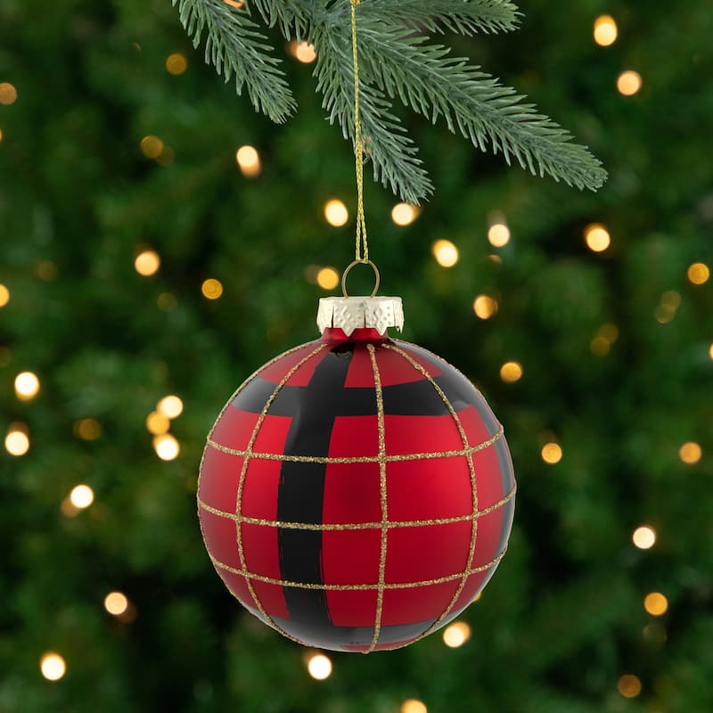 4ct Red, Black and Gold Plaid Glass Ball Christmas Ornaments 3.25"