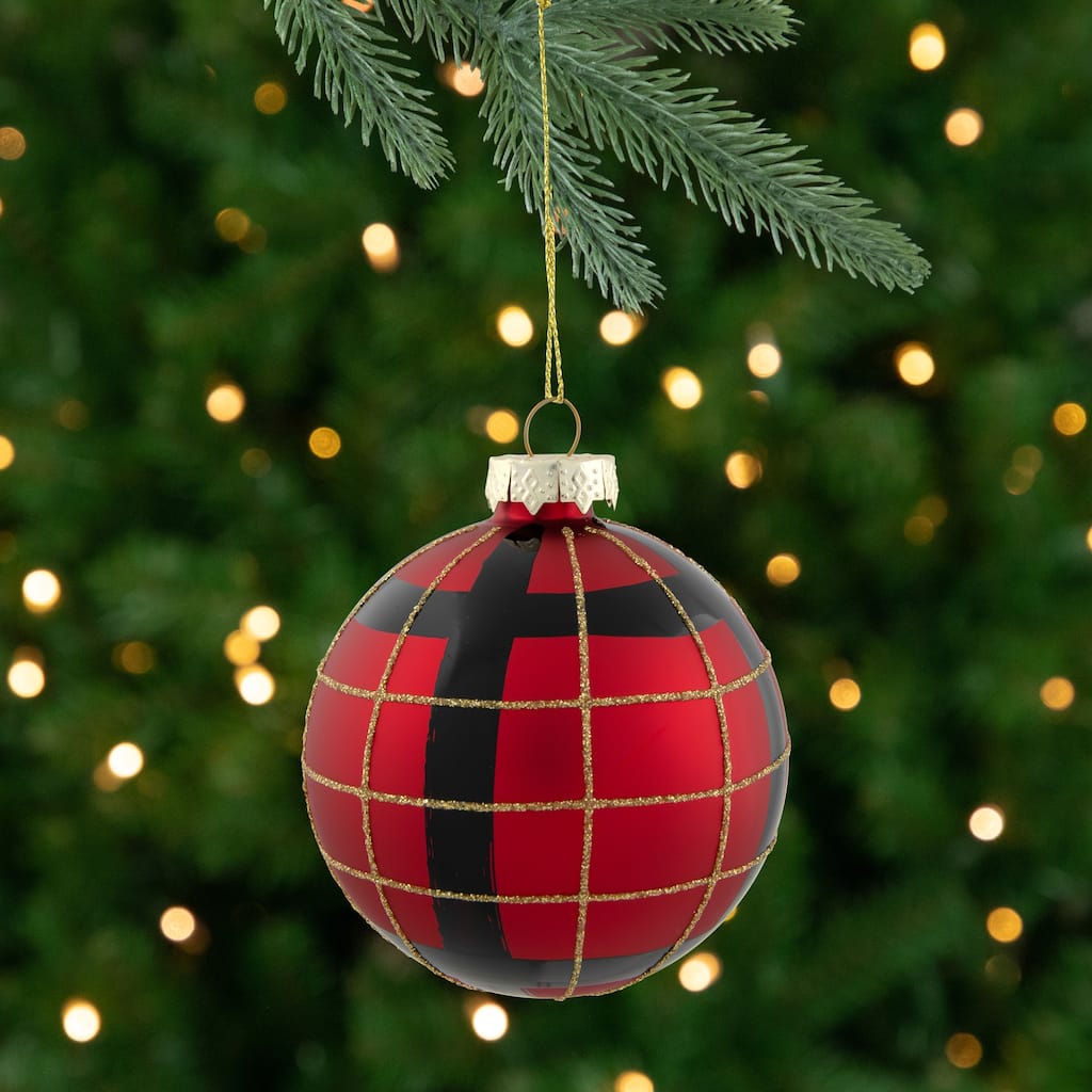 4ct Red, Black and Gold Plaid Glass Ball Christmas Ornaments 3.25"