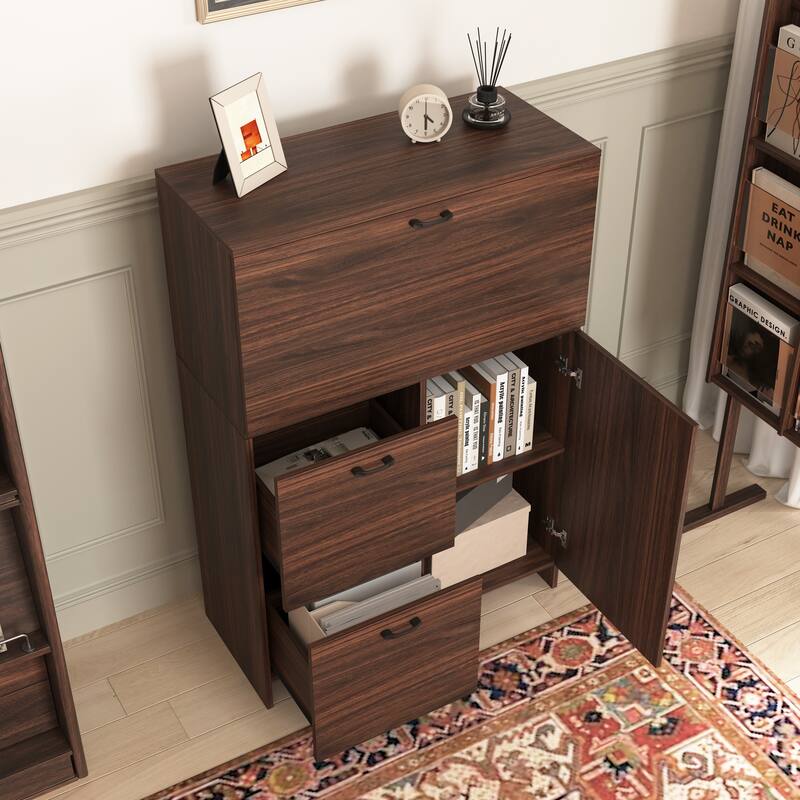Foldable Desk Cabinet with Storage Drawer & Shelves, Space-Saving Wall Storage Cabinet Buffet Cabinet