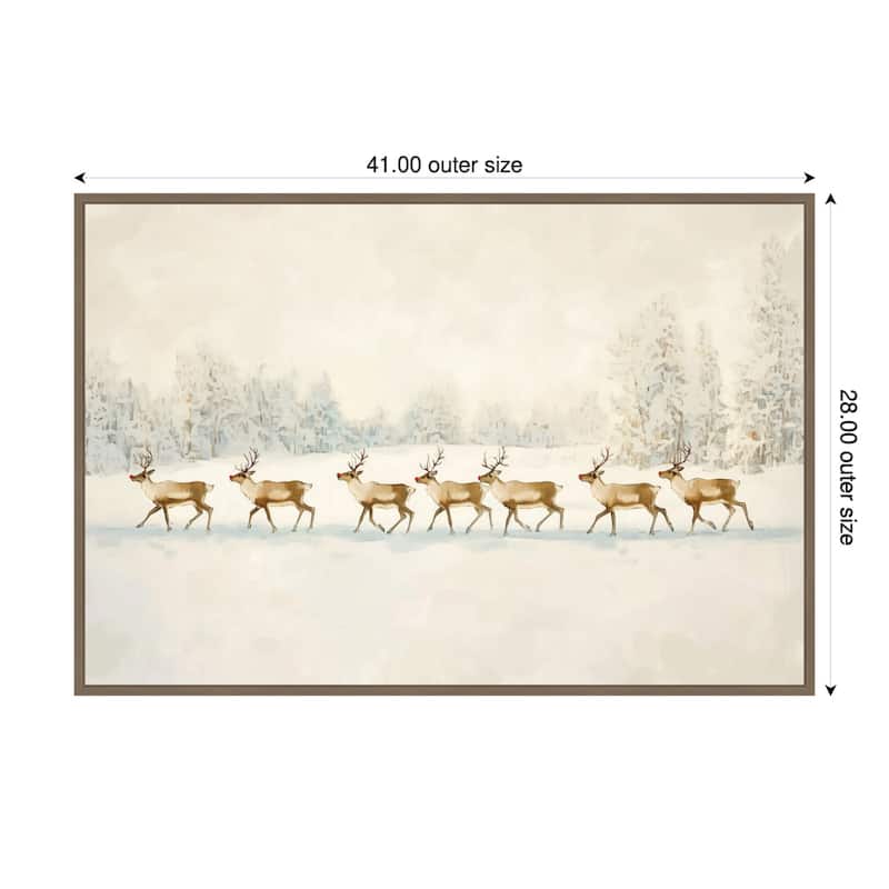 Winter Wonderland: Reindeer Procession by Melloi Art Prints Framed Canvas Wall Art Print - Sylvie Dark Gold - 41 x 28 in