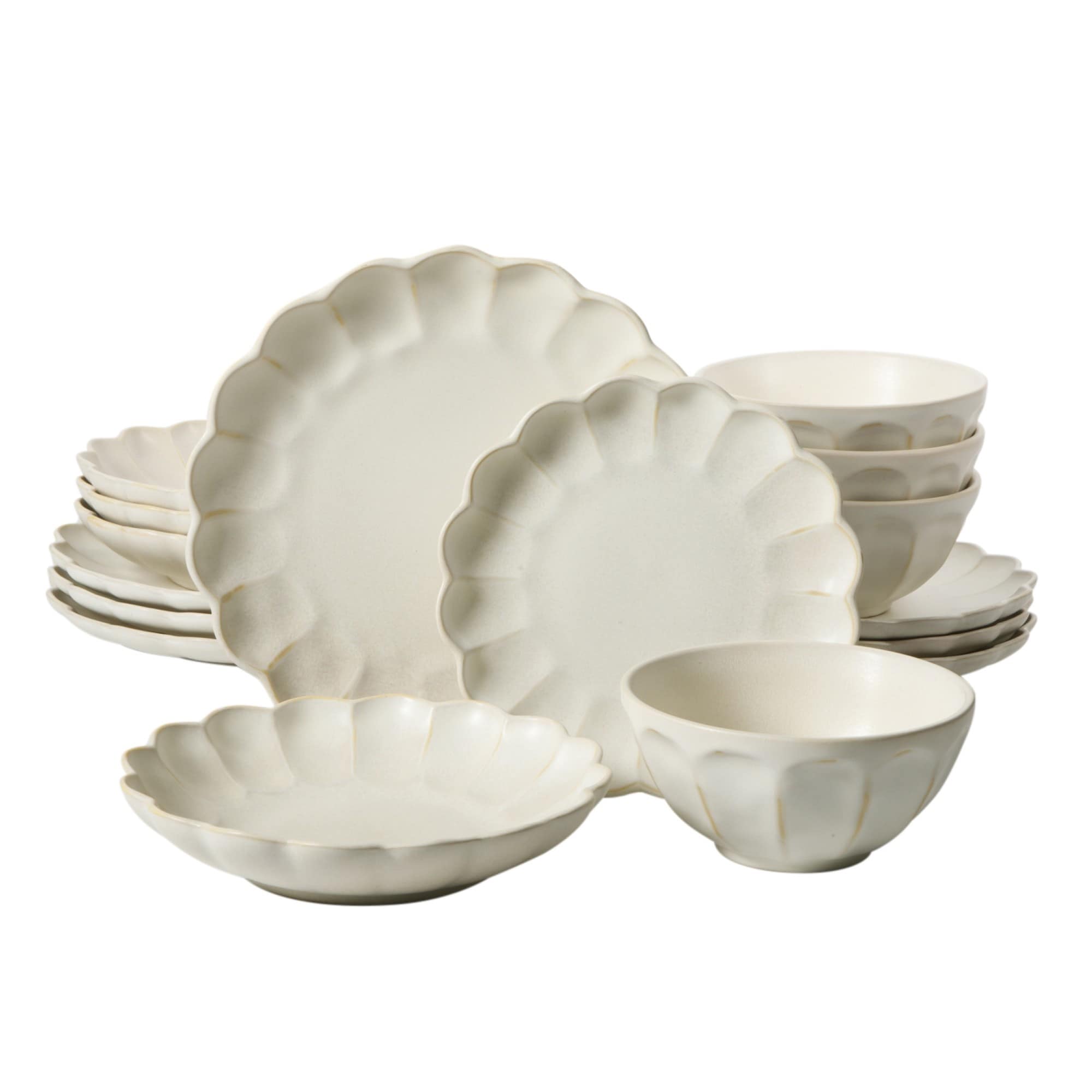Bloomhouse Yuelu Bloom Scallop Embossed 16pc Dinnerware Set Service for 4 Plates and Bowls Jasmine White