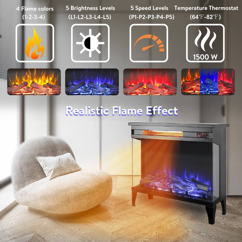 24" Electric Fireplace with 3-Sided Glass View, 1500W Heater, Flame and Ember Bed Settings, Freestanding Design