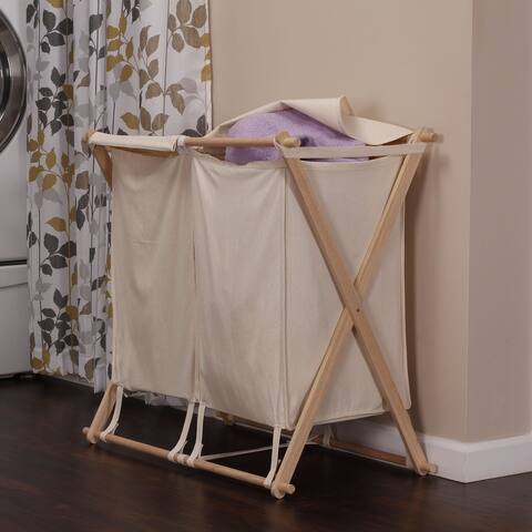 Collapsible Wood X-Frame Double Laundry Hamper Sorter