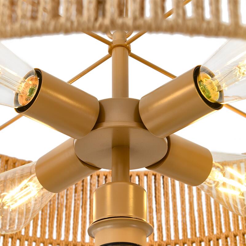 5-Light Rattan Tiered Drum Chandelier Light -21.7 in. W - 21.7 in. W