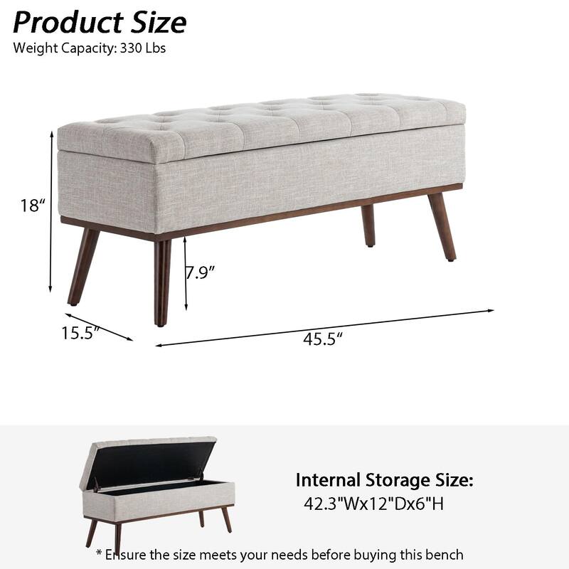 Linen Storage Ottoman Bench with Wood Legs, Upholstered Entryway Bench Tufted Mid Century Modern Ottoman Bedroom End of Bed