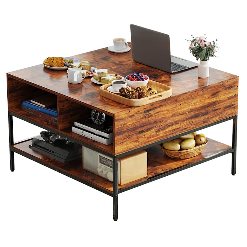 Anmytek Dark Walnut Black Metal Lift Top Coffee Table with Storage 31.5 Hidden Compartment - Wood and Metal - Brown