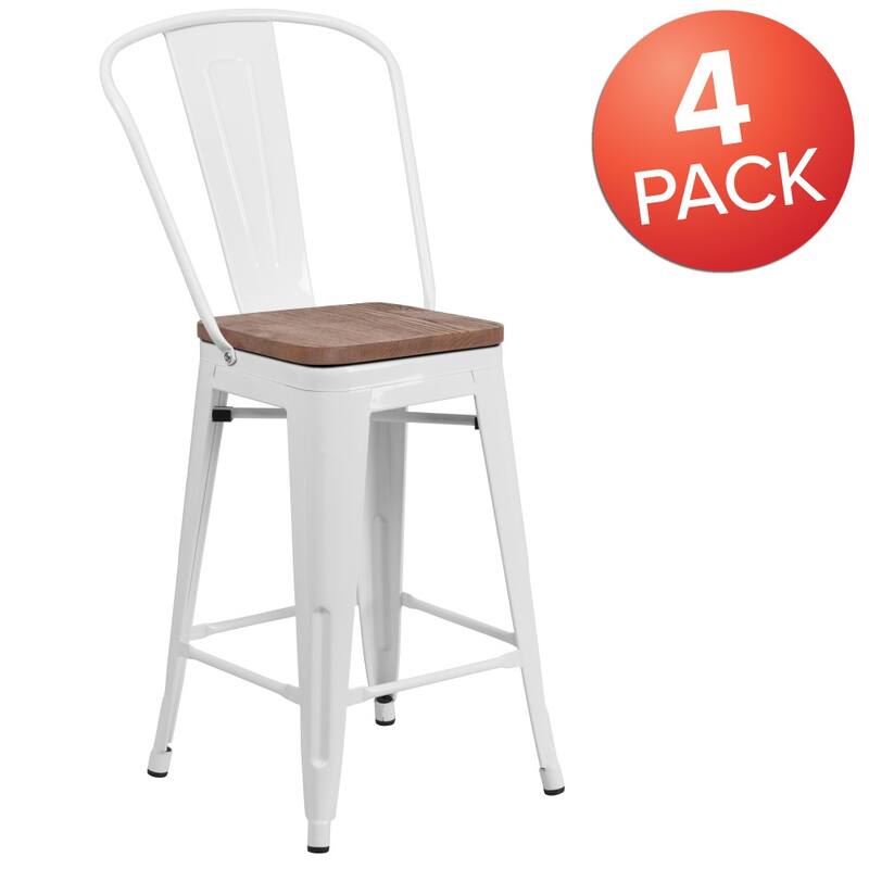 4 Pack 24" High Metal Counter Height Stool with Back and Wood Seat - 17.75"W x 20"D x 39.25"H