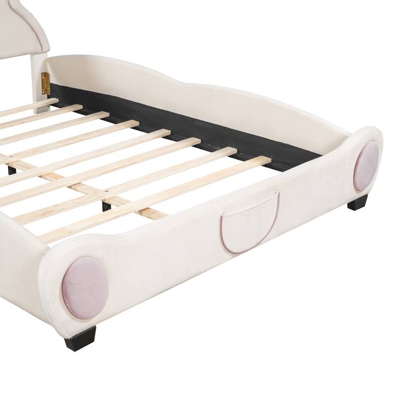 Cute Bear Design Twin Platform Bed, Velvet Upholstery with Storage