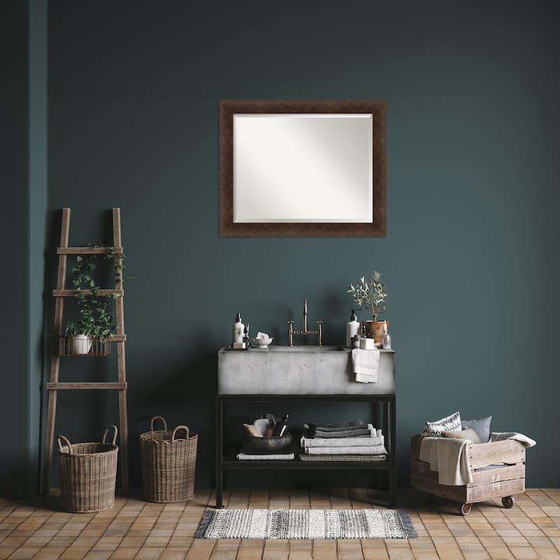 Warm Walnut Beveled Wood Framed Bathroom Vanity Wall Mirror - Warm Walnut