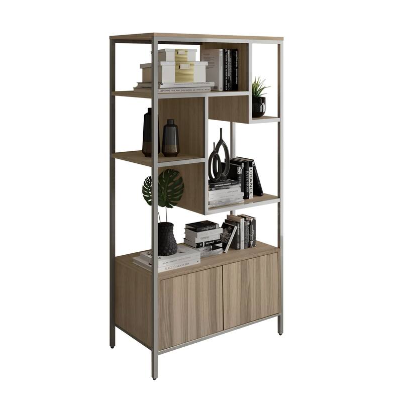 Storage Rack Shelf with Door Cabinet - 63" - Brown and Silver