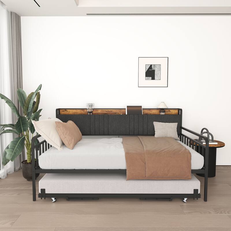Twin Daybed with Trundle, Upholstered Headboard, Charging Station, RGB Lighting, and Lockable Casters
