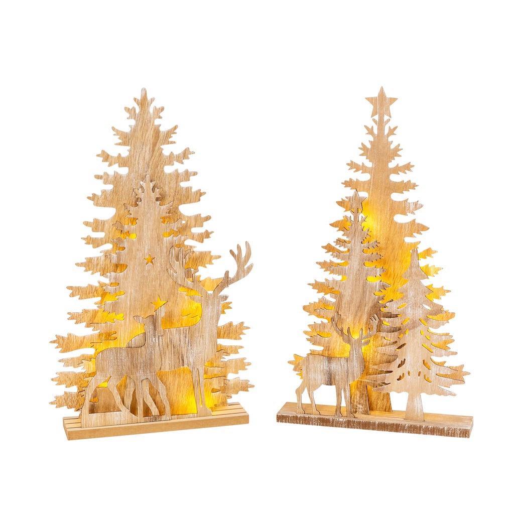 Set of 2 17.25 in Lighted Laser Cut Trees and Reindeer Tabletop Décor