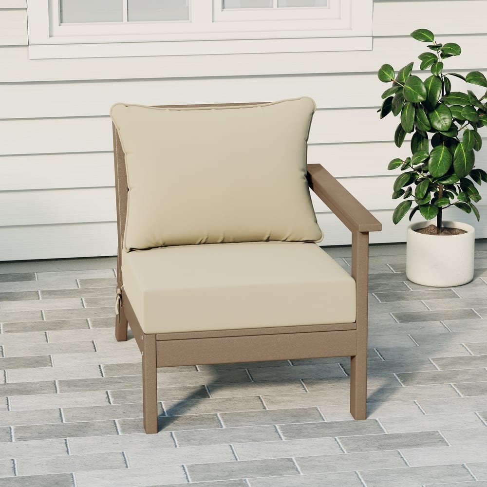 Birchwood All Weather HDPE Outdoor Patio Deep Seating Weathered Wood Right Arm Facing Chair With Cushions (1-Piece)