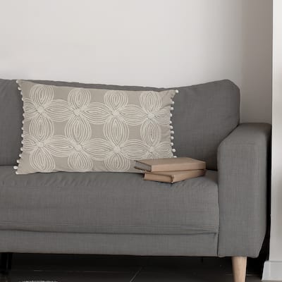 Sevita Handmade Beige/Ivory Floral Cotton Throw Pillow, 16" x 24"