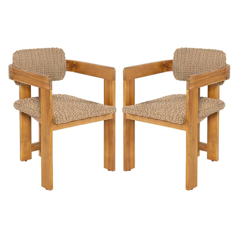 Christopher Knight Home - Outdoor Acacia Wood Dining Chairs with Handwoven Rattan Seat & Back - Set of 2