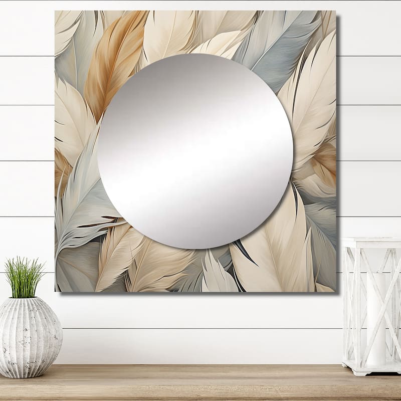 Designart "Feathery plumes" Feathers Wall Mirror - Animals Large Square Printed Mirror For Hallway