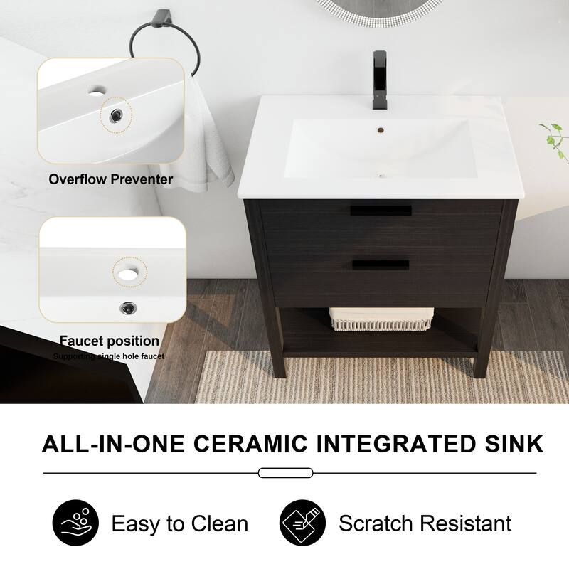 30" Bathroom Vanity with Ceramic Sink, Freestanding, Soft Closing Drawers, 4 Wood Feet, Durable and Water-Resistant