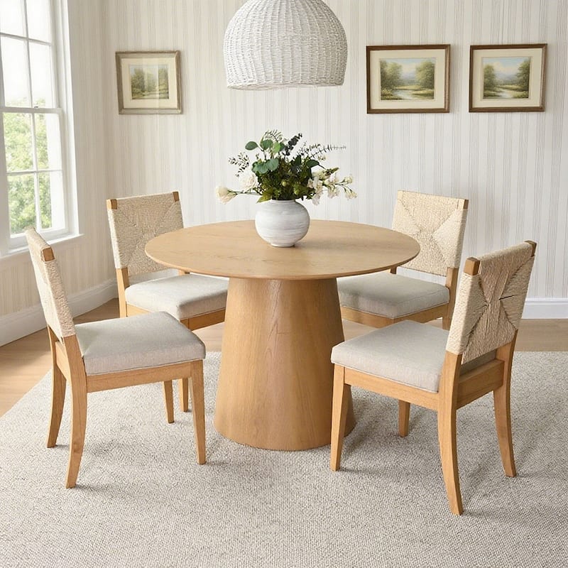Woven Back Upholstered Seat Dining Chair with Wood Legs(Set of 4)